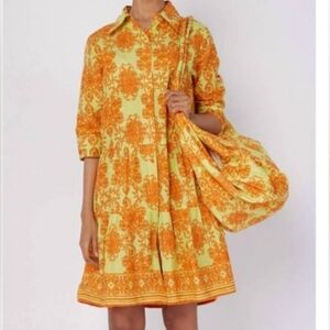 MODA POSA Cotton Swiss Dot Alcee Resort Dress in Yellow/Green Orange Size Small